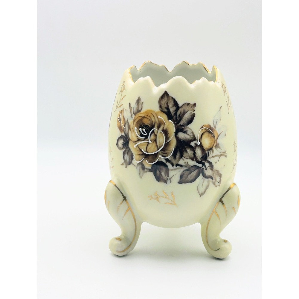 Vintage Napcoware‎ Yellow Rose Cracked Egg Vase Tripod Feet Gold Trim C3199/M